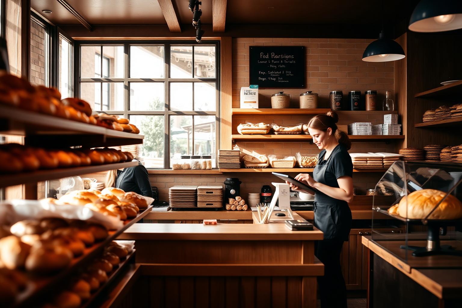 Medewerker in een bakkerij rekent af met een kassasysteem op tablet naast de broodschappen