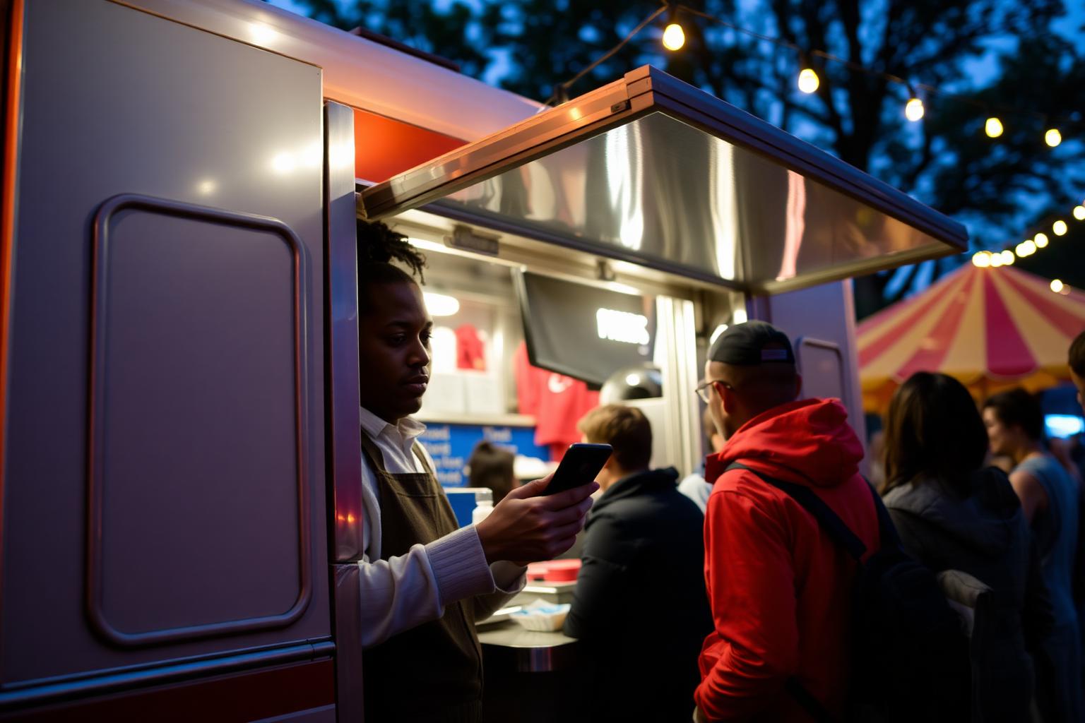 Medewerker van een foodtruck op een festival neemt een bestelling op met een telefoon als kassa-handheld