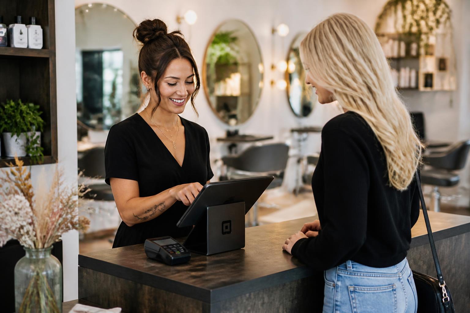 Kapster rekent een klant af aan de balie van een kapsalon met een kassasysteem op tablet