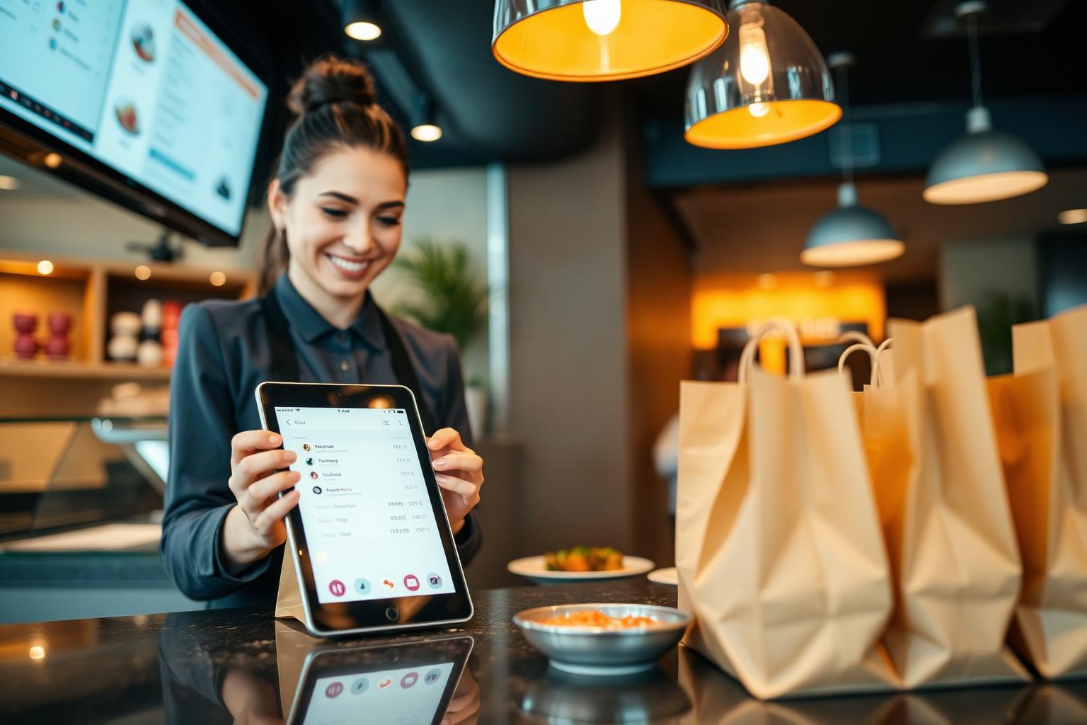Medewerker accepteert een online afhaalbestelling op een tablet naast klaarstaande papieren tassen