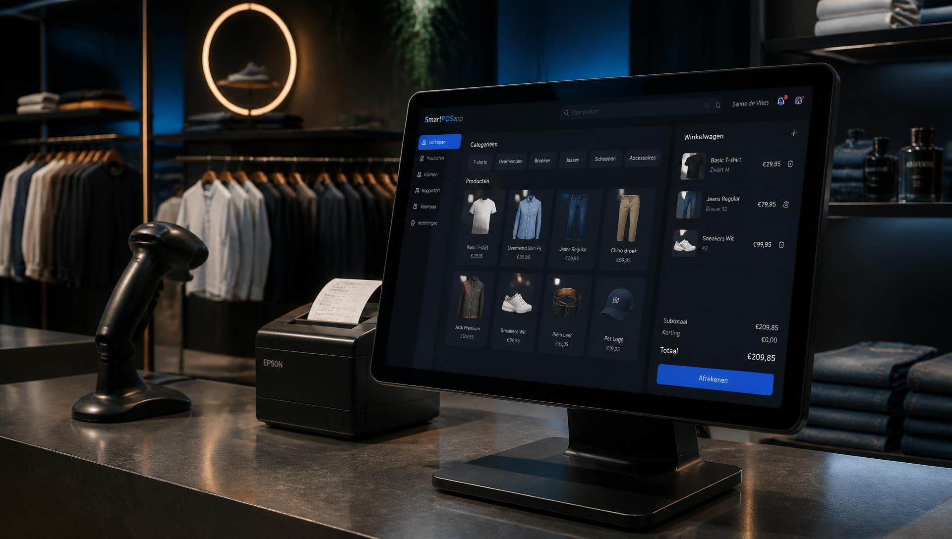 Verkoopmedewerker scant een artikel op een kassasysteem in een winkel