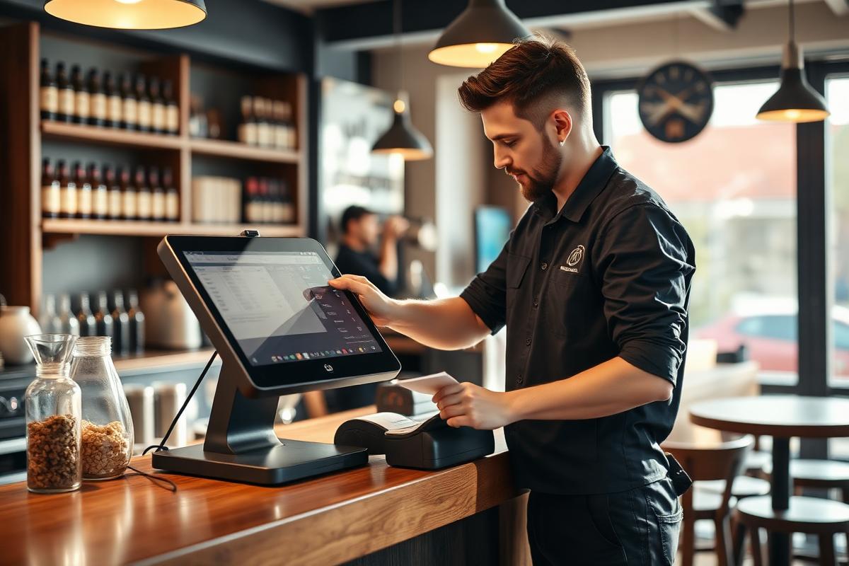 Monteur sluit een kassa met bonnenprinter aan achter de bar van een zaak in Eindhoven