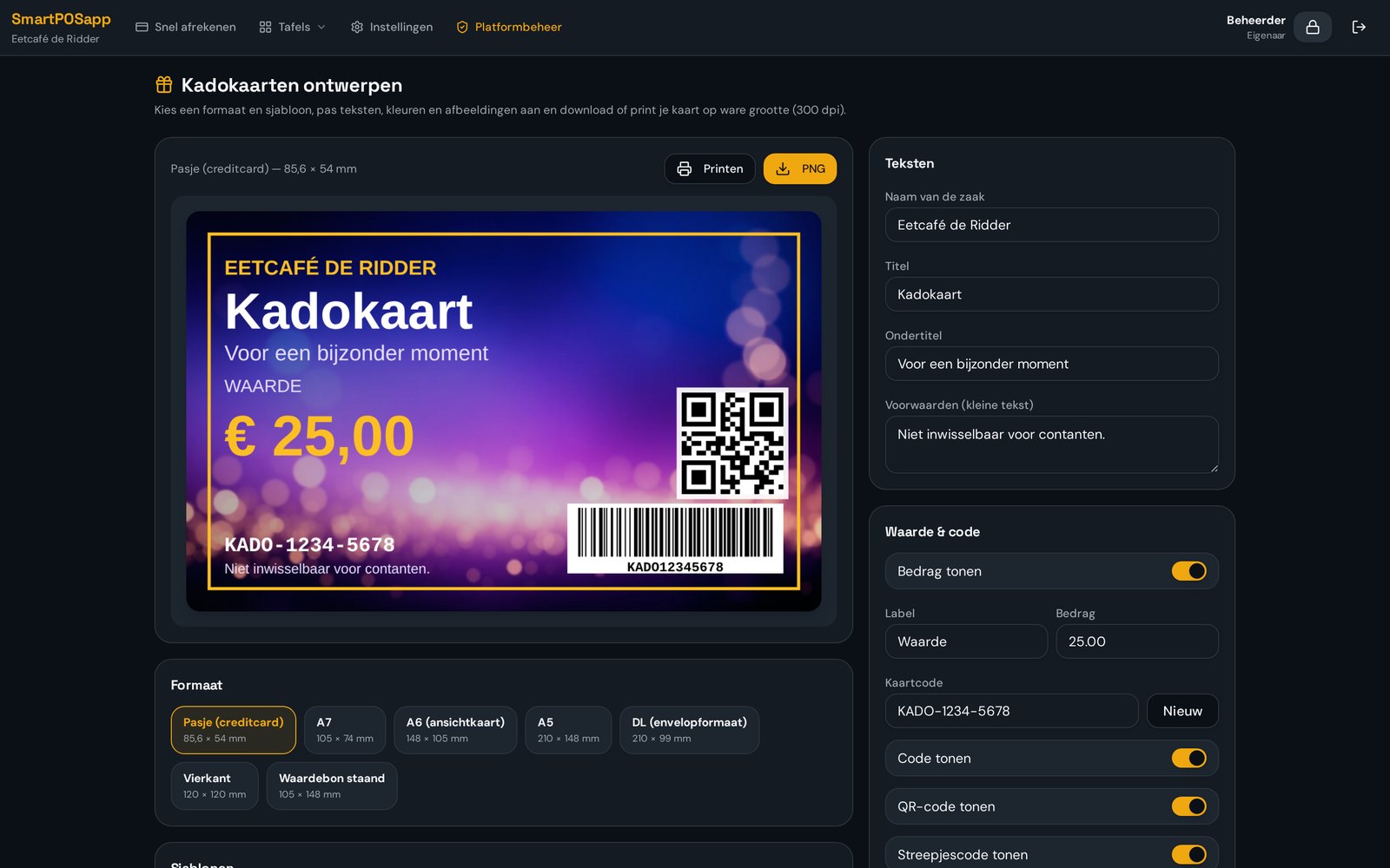 Ontwerpmodule voor kadokaarten in SmartPOSapp met voorbeeldkaart van 25 euro met streepjescode en QR-code, en instellingen voor formaat, teksten en kaartcode