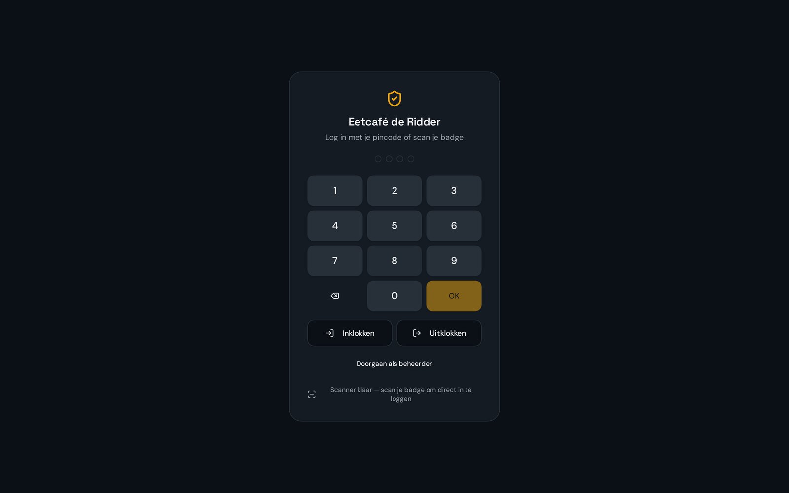 Vergrendelscherm van SmartPOSapp in een sportkantine: cijfertoetsenbord waarop een vrijwilliger zijn pincode intoetst, met knoppen Inklokken en Uitklokken en de melding dat de badgescanner klaarstaat
