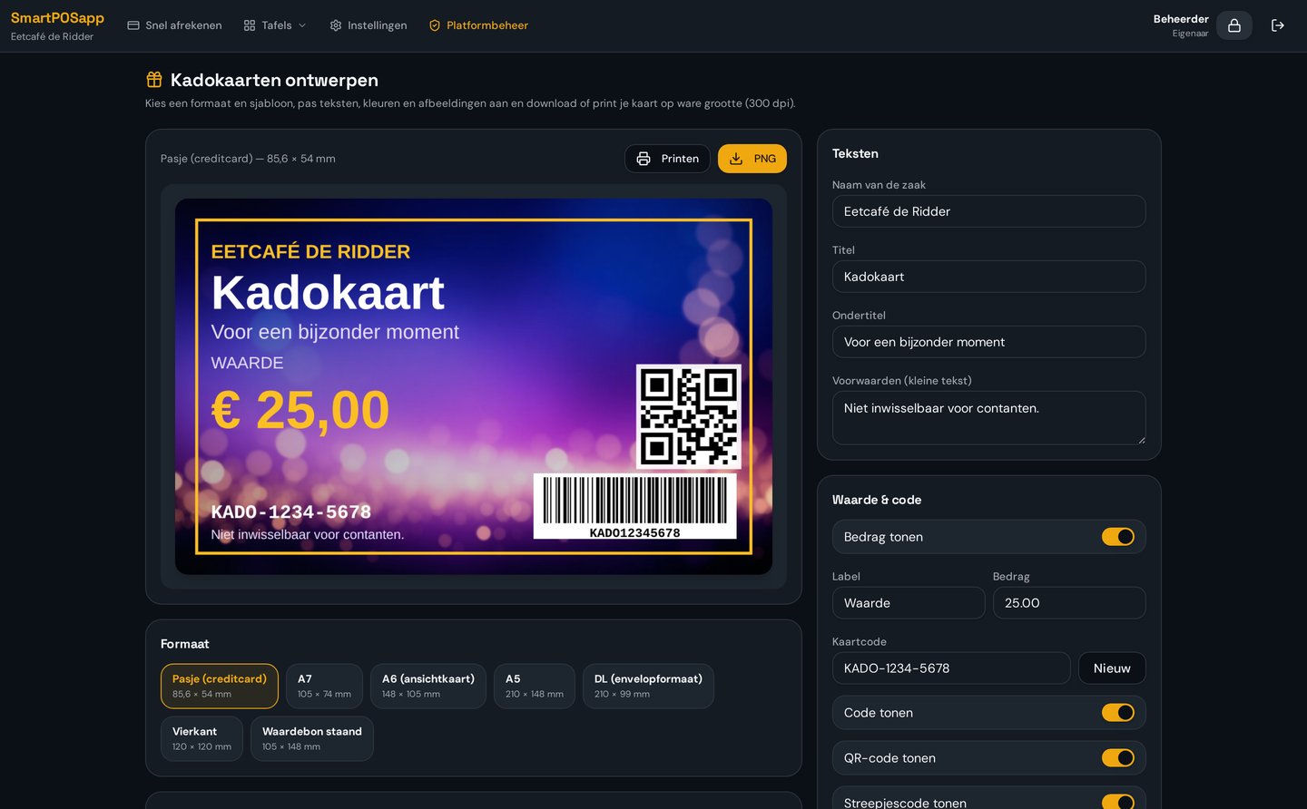 Schermbeeld van de kadokaart-ontwerpmodule in SmartPOSapp met barcode en QR-code op de kaart